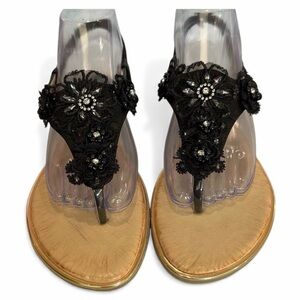 Duo Mei Zu Yuan Womens 10 Thong Slingback Sandals Black‎ Tan Rhinestones Floral